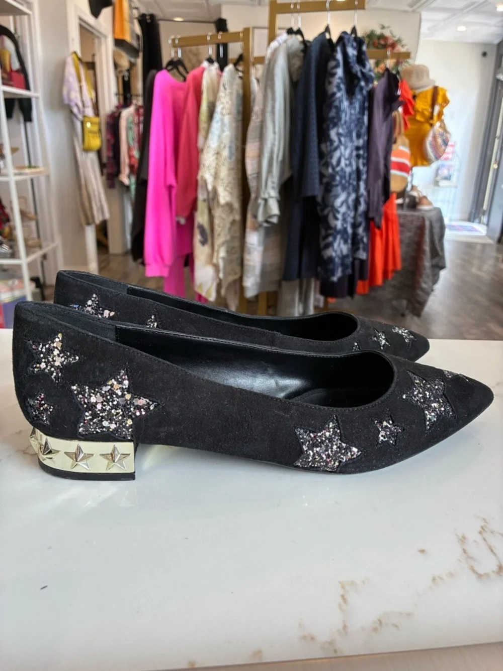 Dune London Black Star-Embellished Suede Pointed Toe Flats
